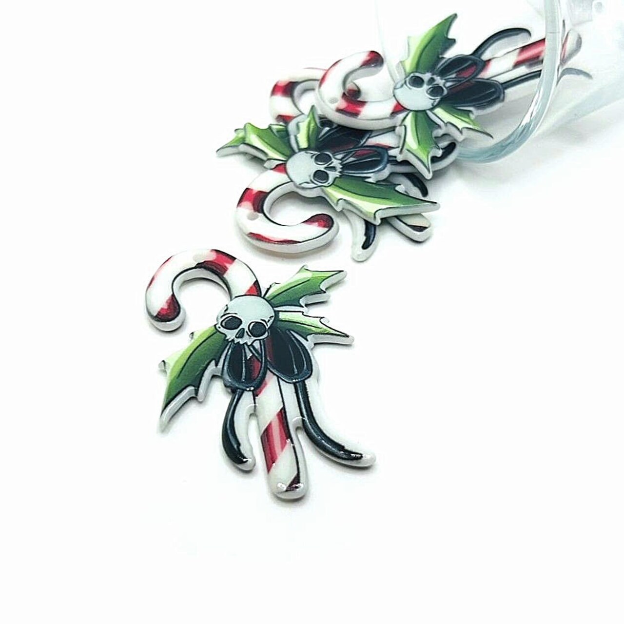 Creepy Christmas Candy Cane with Holly and Skull Charms
